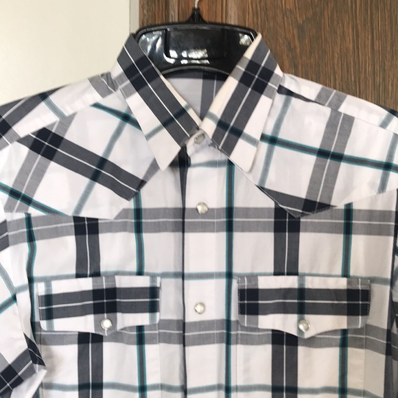 Custom made Cowboy shirt, medium. Mother of pearl snap buttons. White,teal,black - Picture 8 of 8